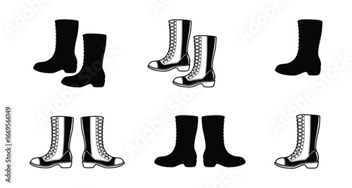 Pair of boots vector icon set. leather black boot.