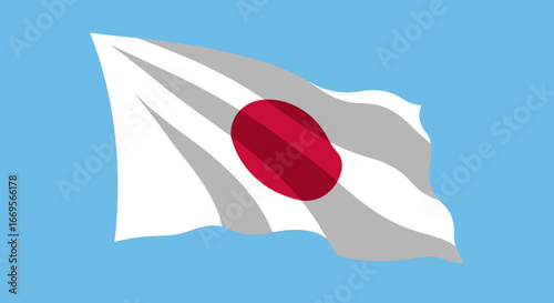 Illustration of Japan's national flag waving against a clear blue sky, symbolizing national pride and identity