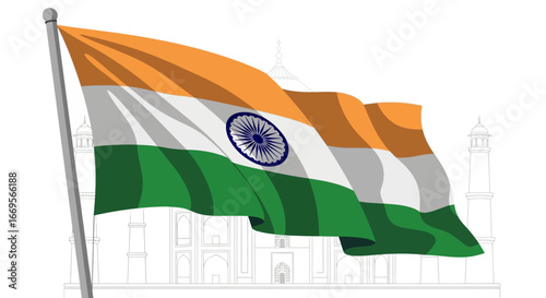 A Waving Indian Flag Against a Silhouette of a Monument, Representing National Pride and Heritage