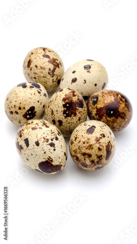 Quail eggs arranged on a white background