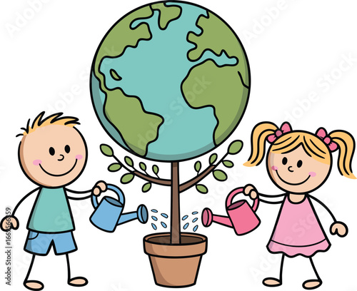 Children Watering Earth Tree Illustration Cartoon Boy, Girl Caring for Environment in Flower Pot