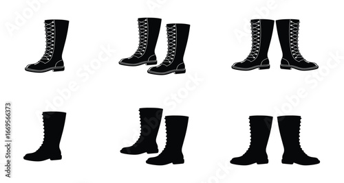 Boot silhouette vector icon set. leather black boot.