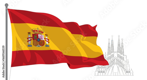 Waving Flag of Spain Symbolizing National Pride and Rich Cultural Heritage with Iconic Architectural Outline in the Background