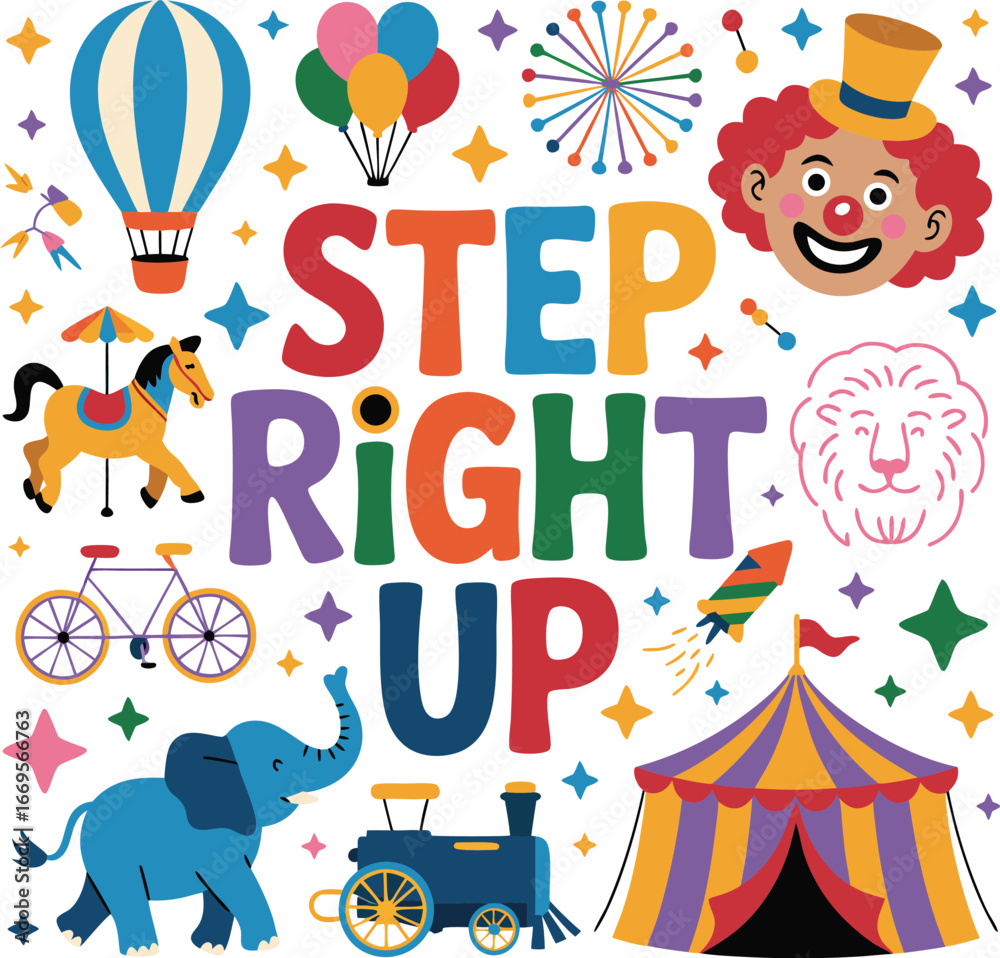Obraz premium Colorful Circus Illustration with Animals, Clown, and Big Top Tent Featuring Step Right Up