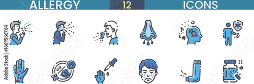Comprehensive allergy icon set depicting symptoms and treatments for medical websites and apps vector