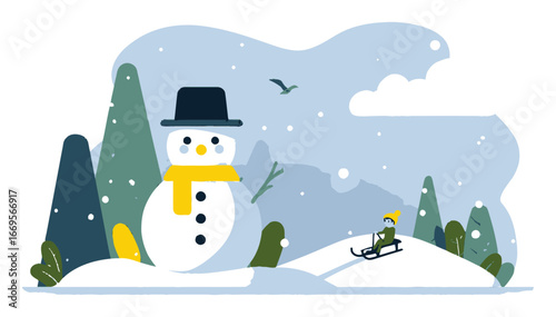 Winter Wonderland Scene with Snowman and Child on Sledding Adventure