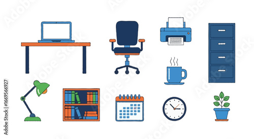 Flat vector icon set in professional solid colors (blue, navy, orange, green) | Theme: office. Include desk with laptop, swivel chair, printer, filing cabinet, coffee mug, desk lamp, bookshelf