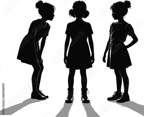 Silhouette of three young girls standing together, children friendship, childhood concept, girls posing, shadow illustration, black and white design