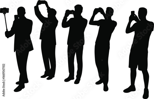 Silhouettes of people taking photos, smartphone photography, selfie concept, mobile technology, capturing moments, digital lifestyle, modern communication, tourist activity, media, camera
