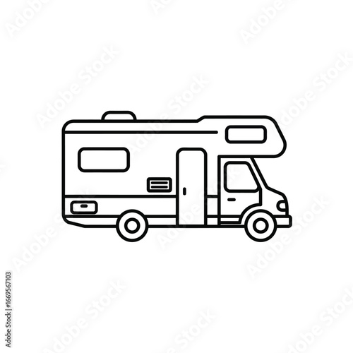 A simple line drawing of a motorhome or recreational vehicle