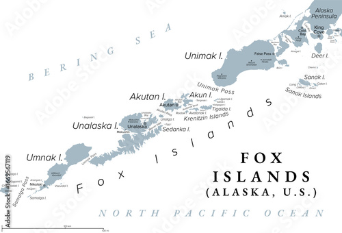 Fox Islands, Alaska, United States, gray political map. Group of islands in the Aleutian Islands, east of the Samalga Pass, and to the west closest to mainland North America, the Alaska Peninsula.