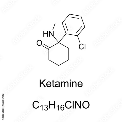 Ketamine, general anesthetic, chemical formula and molecular structure. General anesthetic with analgesic and hallucinogenic properties, used medically for anesthesia, depression, and pain management.