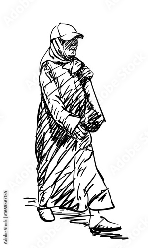 Hand-drawn vector sketch of a Muslim woman in long dark clothing, headscarf, cap, walking briskly, holding a shoulder bag. Rough, expressive ink lines with hatched shadows, isolated on white