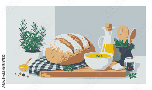 Flat Design of Bread and Soup with Herbs in a Cozy Kitchen Setting