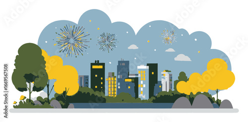Vibrant Flat Cartoon Cityscape with Fireworks and Lush Greenery