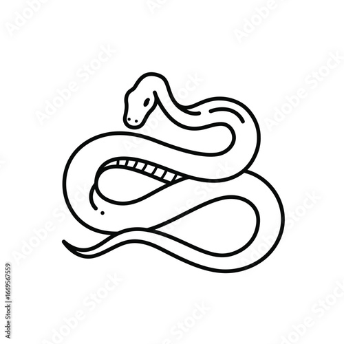 A black and white line drawing of a coiled snake with its head raised