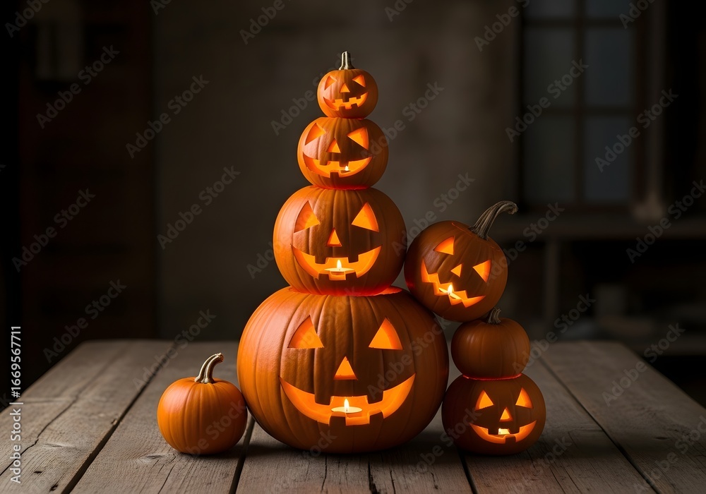 Fototapeta premium Stack of carved glowing pumpkins for halloween on a wooden table