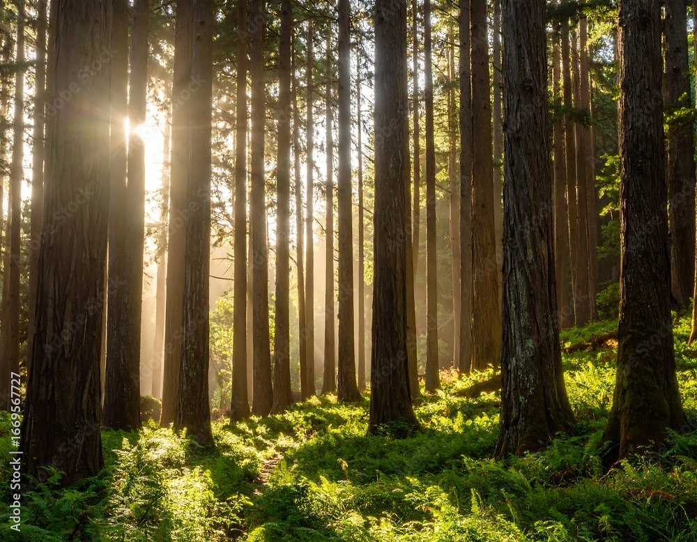 Obraz premium Sunlight filtering through a dense forest (1)