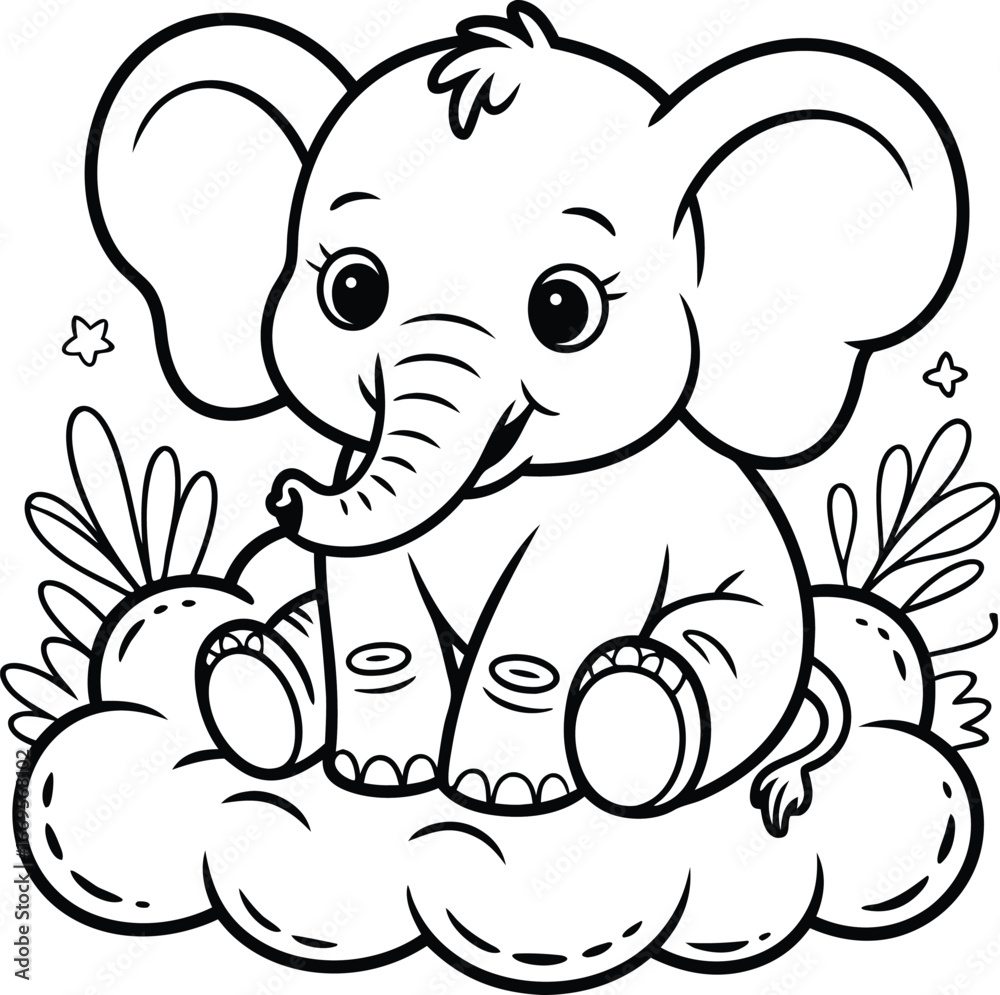 Fototapeta premium Cute Elephant Sitting on Cloud Coloring Page for Kids, Black and White Outline