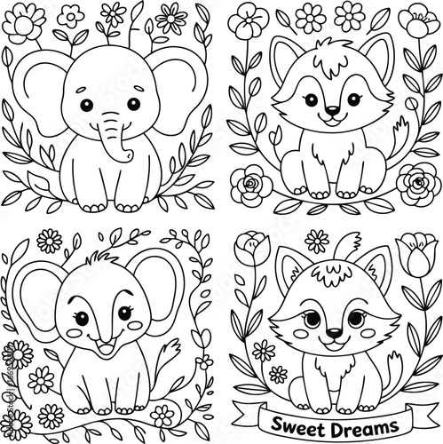 Cute Elephant and Fox Coloring Page with Flowers and 'Sweet Dreams' Banner Outlines