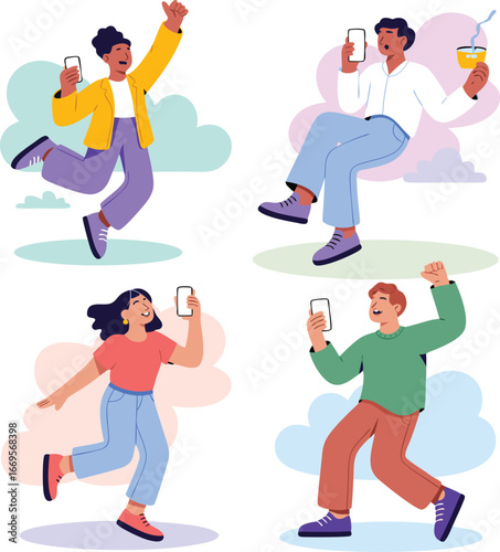 Diverse Group Celebrating Good News on Smartphones with Colorful Cartoon Illustration Design