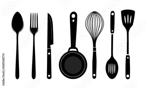 7 Kitchen Utensils – Spoon, Fork, Knife, Frying Pan, Whisk and others