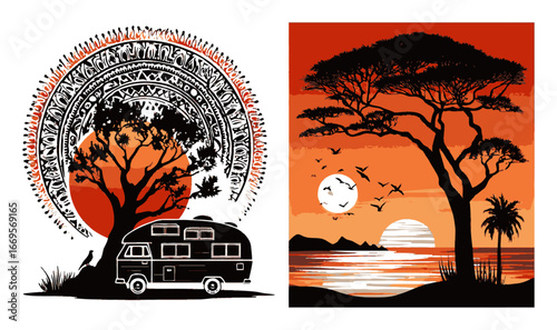Abstract Illustration of Sunset Scenes with Nature and Caravan Elements