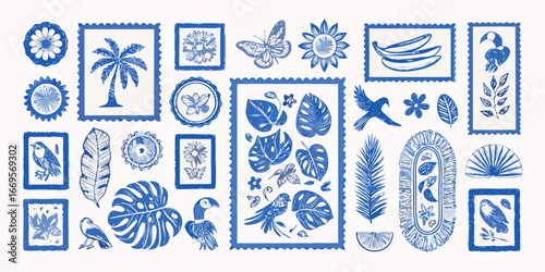 Blue Monochromatic Collection of Tropical Flora Fauna and Objects vector illustration