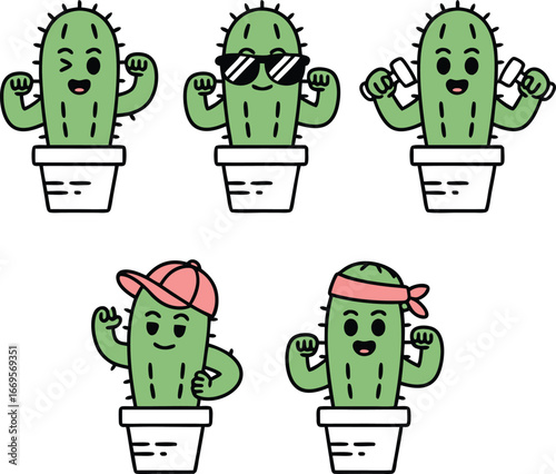Five Illustrated Cartoon Cacti in Pots with Sunglasses, Hat, Headband, and Dumbbells Poses