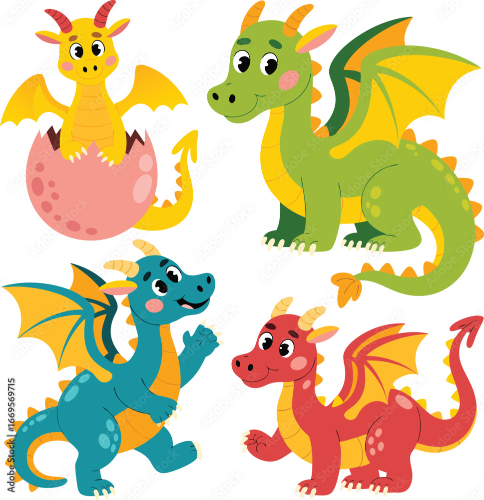 Naklejka premium Four Colorful Cartoon Dragons Yellow Hatching from Egg, Green, Blue and Red Dragons Posing