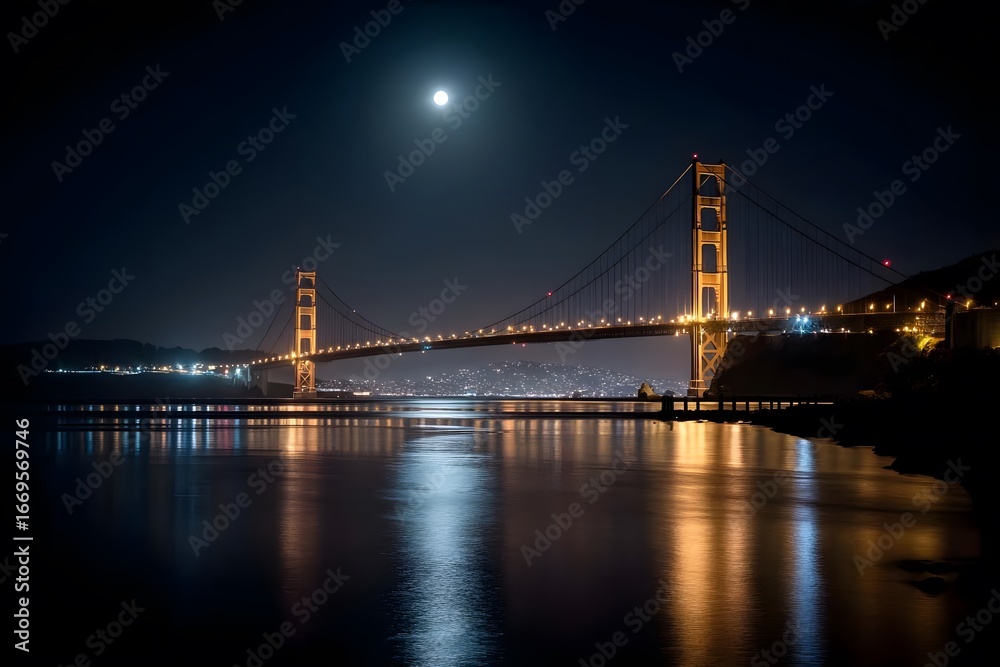 Fototapeta premium Golden Gate Bridge at night, illuminated, full moon above.