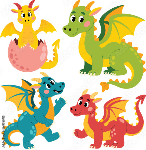Four Colorful Cartoon Dragons Yellow Hatching from Egg, Green, Blue and Red Dragons Posing