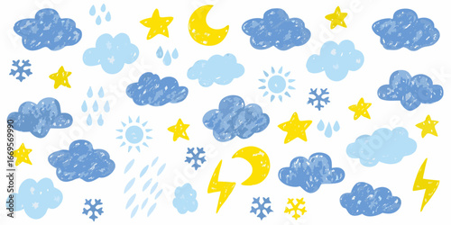 Hand Drawn Weather Icons With Snowflakes And Lightning Bolts cloud star