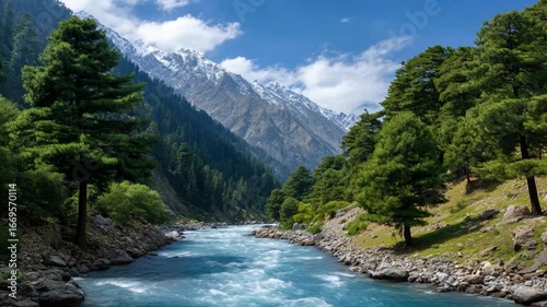 Majestic river flowing through lush mountains kashmir scenic nature landscape vibrant environment serene viewpoint tranquil concept
