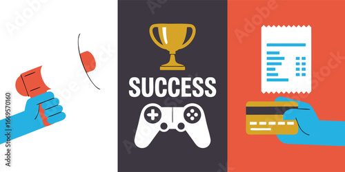 Gaming Success Bullhorn, Trophy, Controller, and Credit Card with Receipt Illustration Design