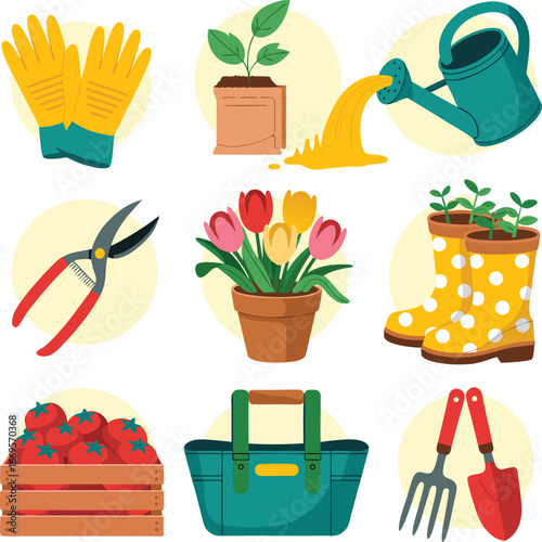 Gardening Tools and Plants Gloves, Pruners, Tulips, Watering Can, Tomatoes, Boots, and Trowel Set