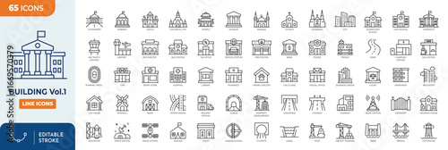 Building Line Editable Icons set. First set. Contains icons of residential and public buildings: office, government, school, hotel, university, hospital and more. Editable stroke. Vector illustration