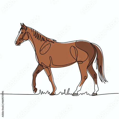 Continuous line of walking standing horse .Single one line art of wild horse , One continuous line illustration of an horse isolated on white background.