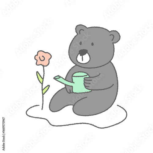 꽃에 물을 주고 있는 귀여운 곰 캐릭터 일러스트