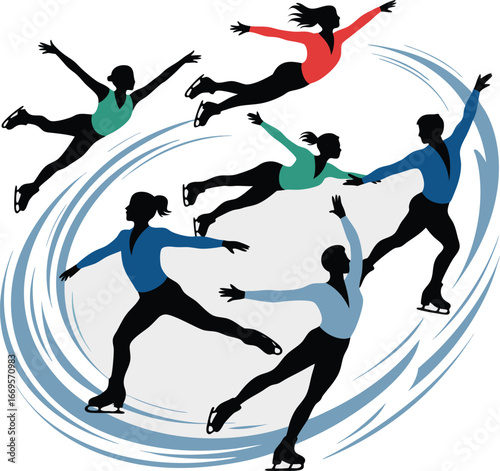 Ice Skating Silhouettes Perform with Graceful Movements, Colors, and a Dynamic, Circular Design Featuring Winter Imagery