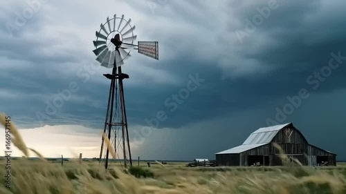 Windmill with Barn, and Stormy Prairie.