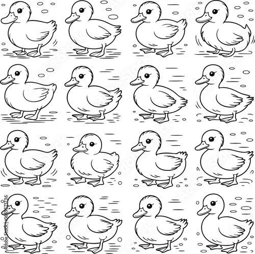 Line Art Sixteen Adorable Ducklings on Water, Outlined for Coloring Page Fun