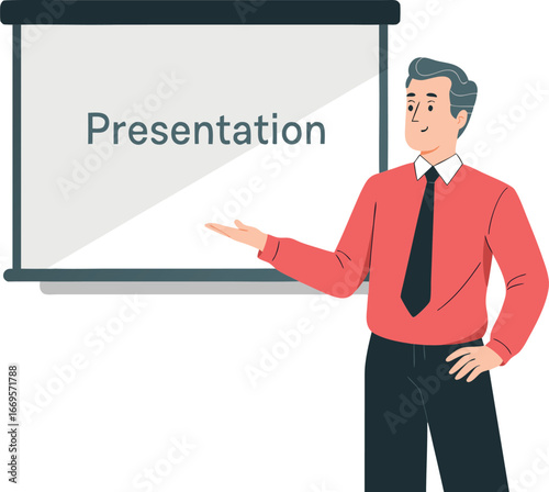 Man Presenting on a Screen Projector, Wearing a Red Shirt and Black Tie in a Meeting