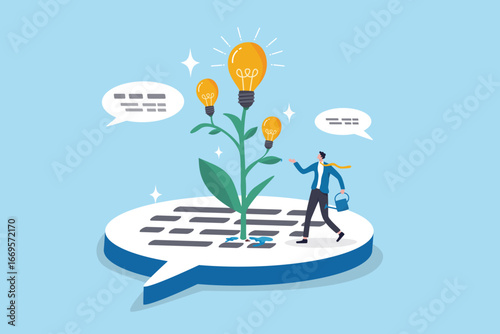 Communicate new idea, solution or information for business success, discussion, feedback message or conversation dialogue, businessman growing lightbulb idea plant on speech bubble communication.