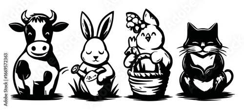 Farm Animals and Spring Creatures in Black and White Illustrations