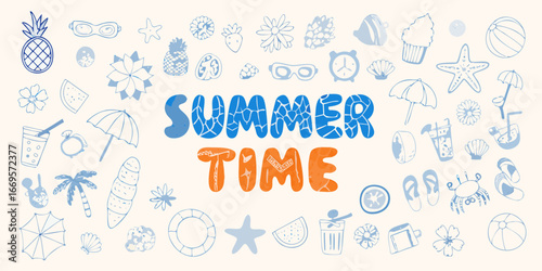 Summer Time hand-drawn doodles with beach and vacation icons blue and orange vector