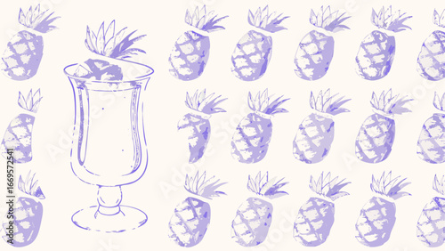 Illustration of a cocktail glass with a pineapple garnish and multiple pineapples scattered around it softly