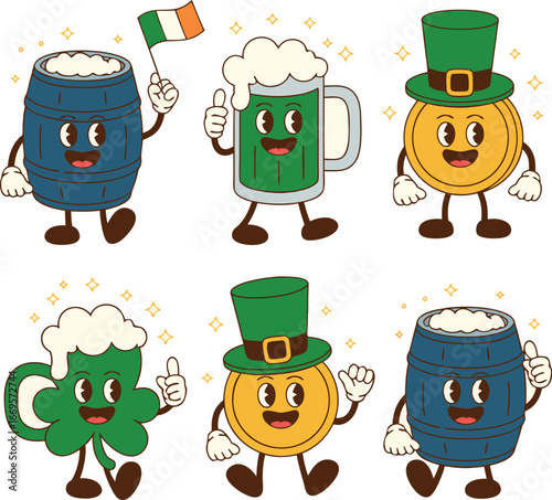 Retro St. Patrick's Day Cartoon Characters Barrel, Beer, Coin, and Shamrock Mascot Collection
