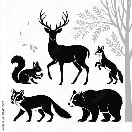 Silhouette Illustration of Forest Animals Deer, Bear, Fox, Squirrel, and Badger Wildlife in Nature
