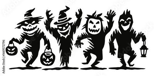 Whimsical Halloween Characters Dancing in Festive Black Silhouette Style